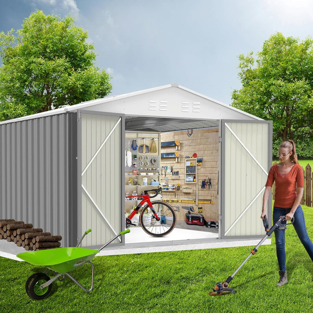 GarveeLife 7.5 x 8.5 ft Outdoor Storage Shed with Updated Frame Structure & Lockable Door, Waterproof Practical Garden Patio Lawn Poolside Metal Tool Shed Designed for Organization & Storage, Gray