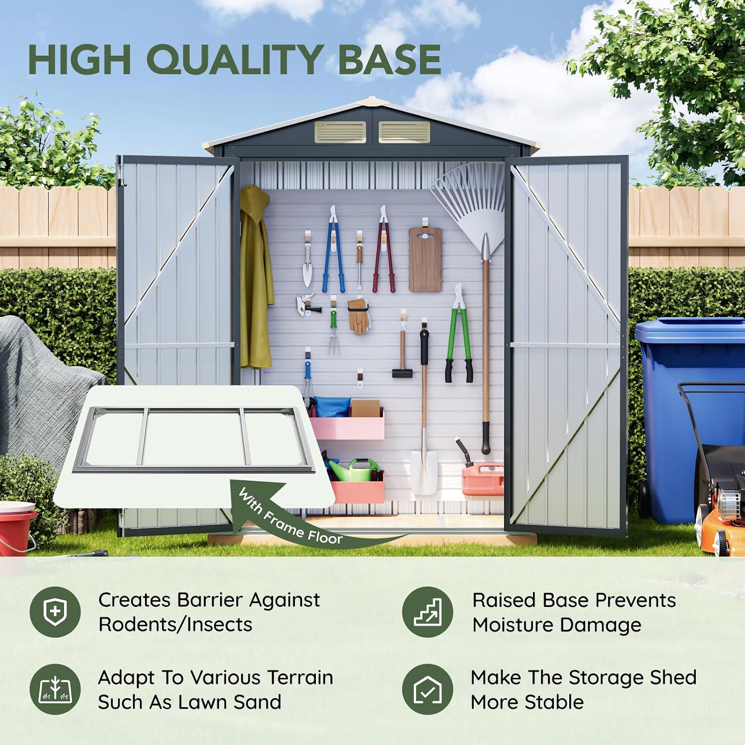 5x3 FT Outdoor Metal Storage Shed with Floor Frame, Double Door, 1 Clear Window, Tool Shed for Garden, Patio, Backyard