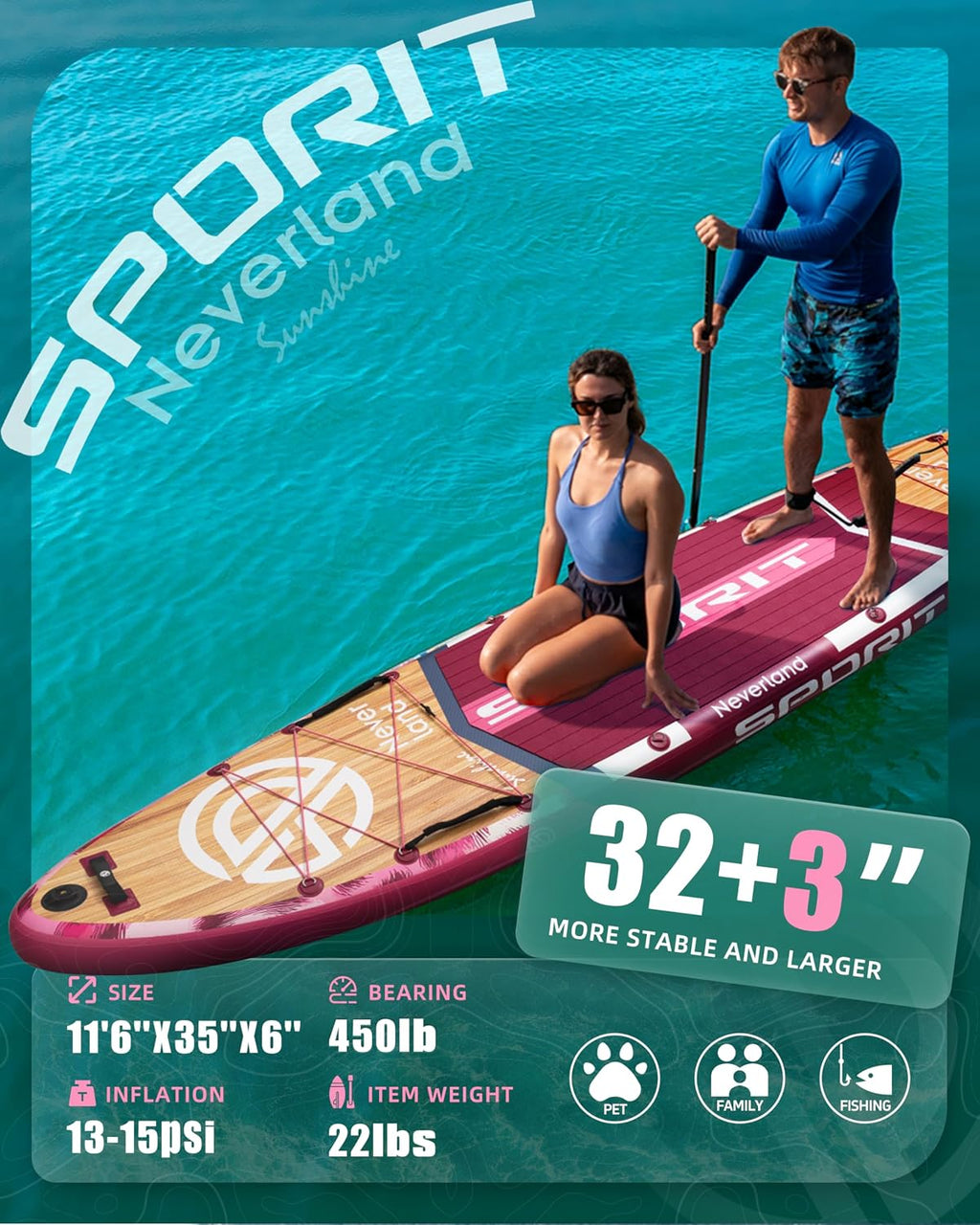 11'6×35' Super Wide Inflatable Stand Up Paddle Board, Ultra Stable SUP Board for Adults, 450lb Capacity with Shoulder Strap, 100L Backpack, Removable US Fin, Floating Paddle, Safety Leash