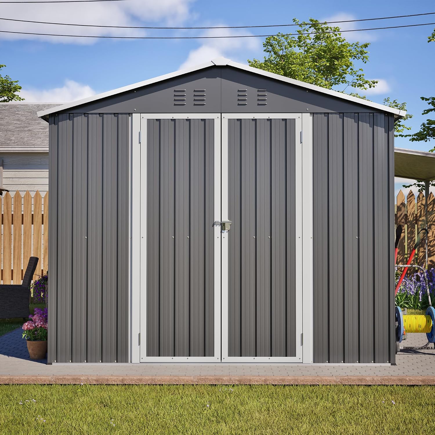 YOPTO 8x12 FT Large Outdoor Storage Shed with Lockable Doors & Floor Base,Weather-Resistant Metal Tool Shed for Garden, Backyard,Patio,Lawn,Gray