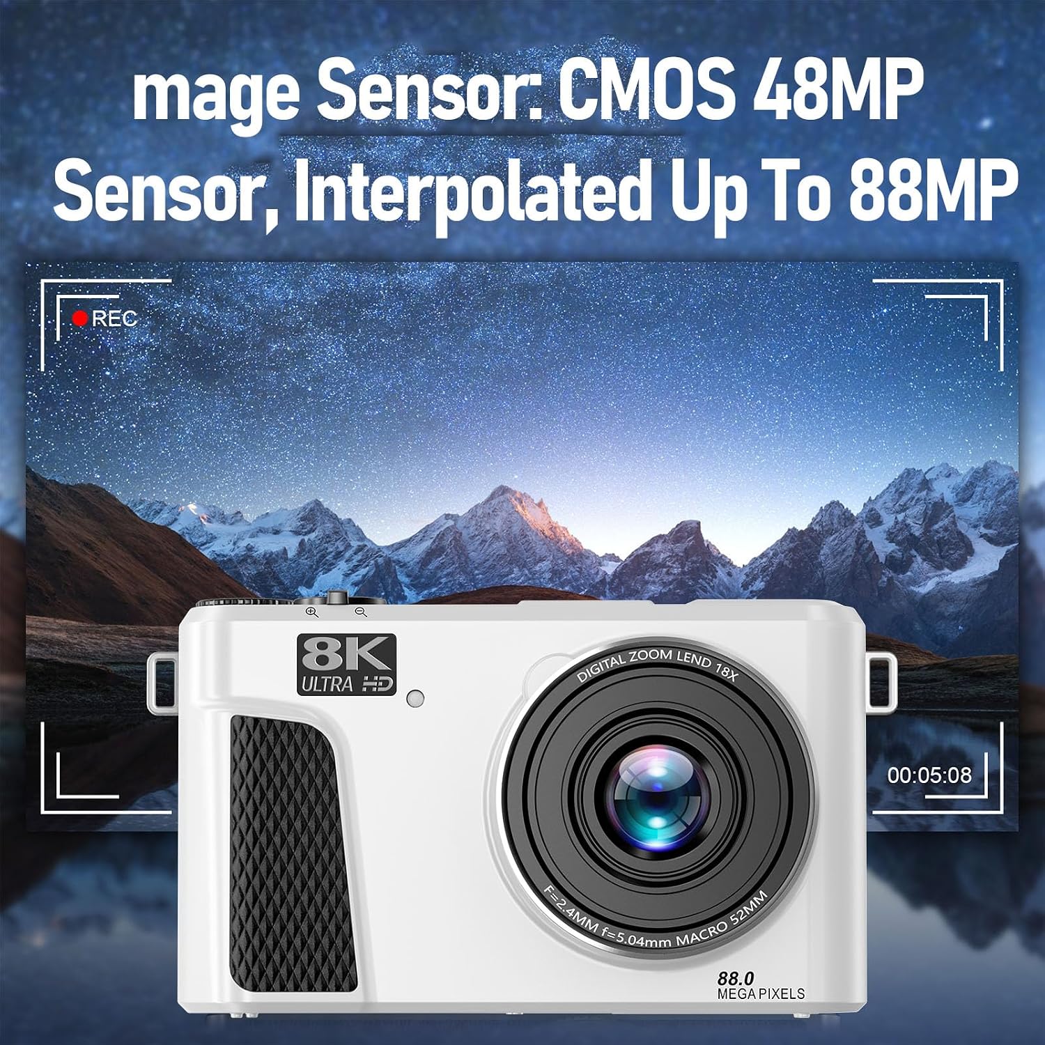 PUSOKEI 8K Digital Camera, Auto Focus 88MP Cameras for Photography, 18x Zoom WiFi Vlogging Camera, 3 inch Flip Screen, with Webcam Mode, Filter, Multiple Filters LED Fill Light (White)