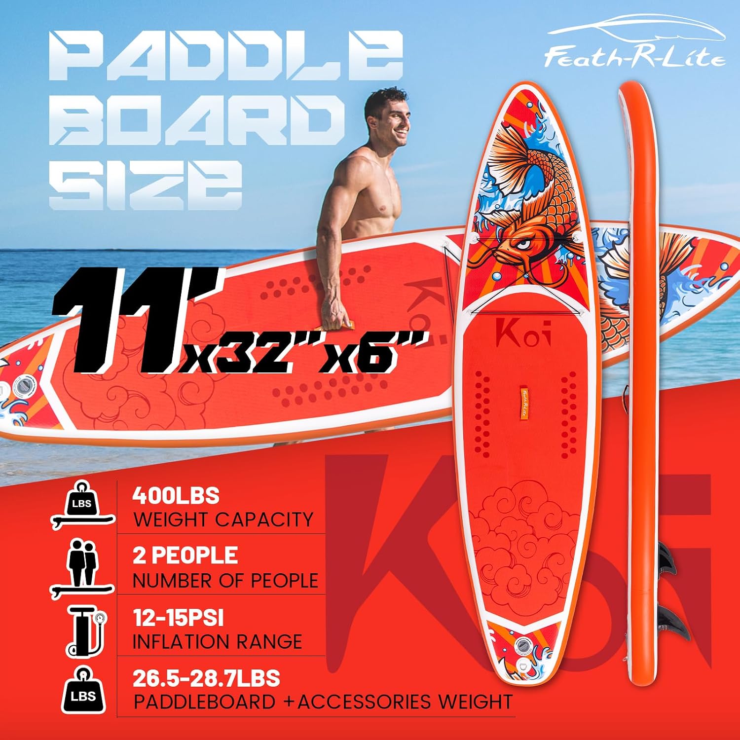 FEATH-R-LITE Inflatable Paddle Board Stand Up Paddleboards for Adults SUP with Premium Accessories Pump, Adjustable Paddle, Leash, Three Fins, Backpack