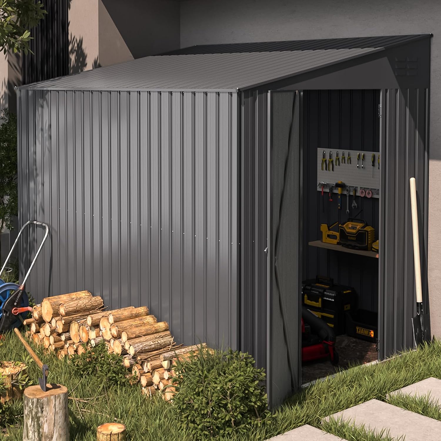 AECOJOY Shed Lean to Storage Shed, Outdoor 6' x 8' Metal Wall Side Bike Shed & Outdoor Storage, Garden Storage Cabinet for Backyard, Patio and Outdoor Use in Dark Grey