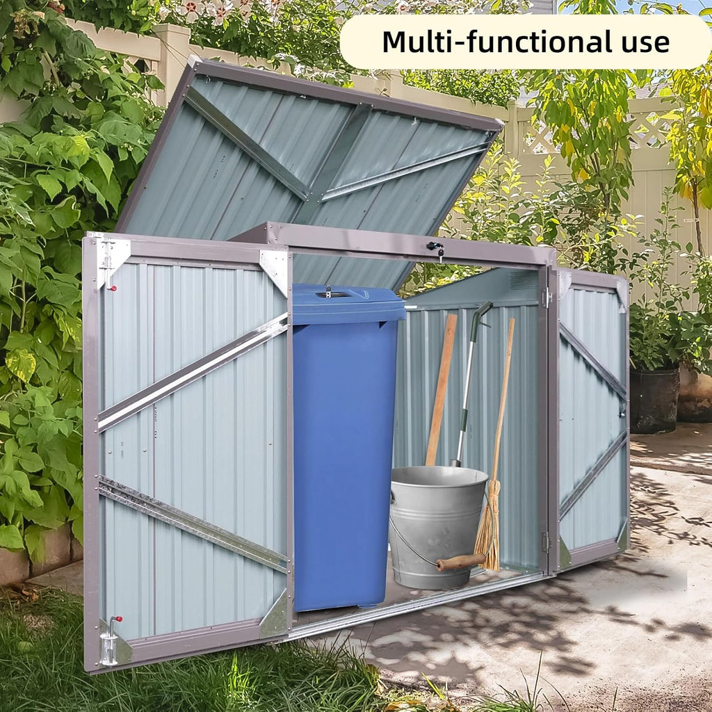 76 Cu.Ft Outdoor Trash Can Storage Shed, Metal Trash Can Storage Bin with Spring Chain Lid for Garbage Storage, Waterproof Storage Shed Stores for 2 Trash Cans, Garden Tools, Gray