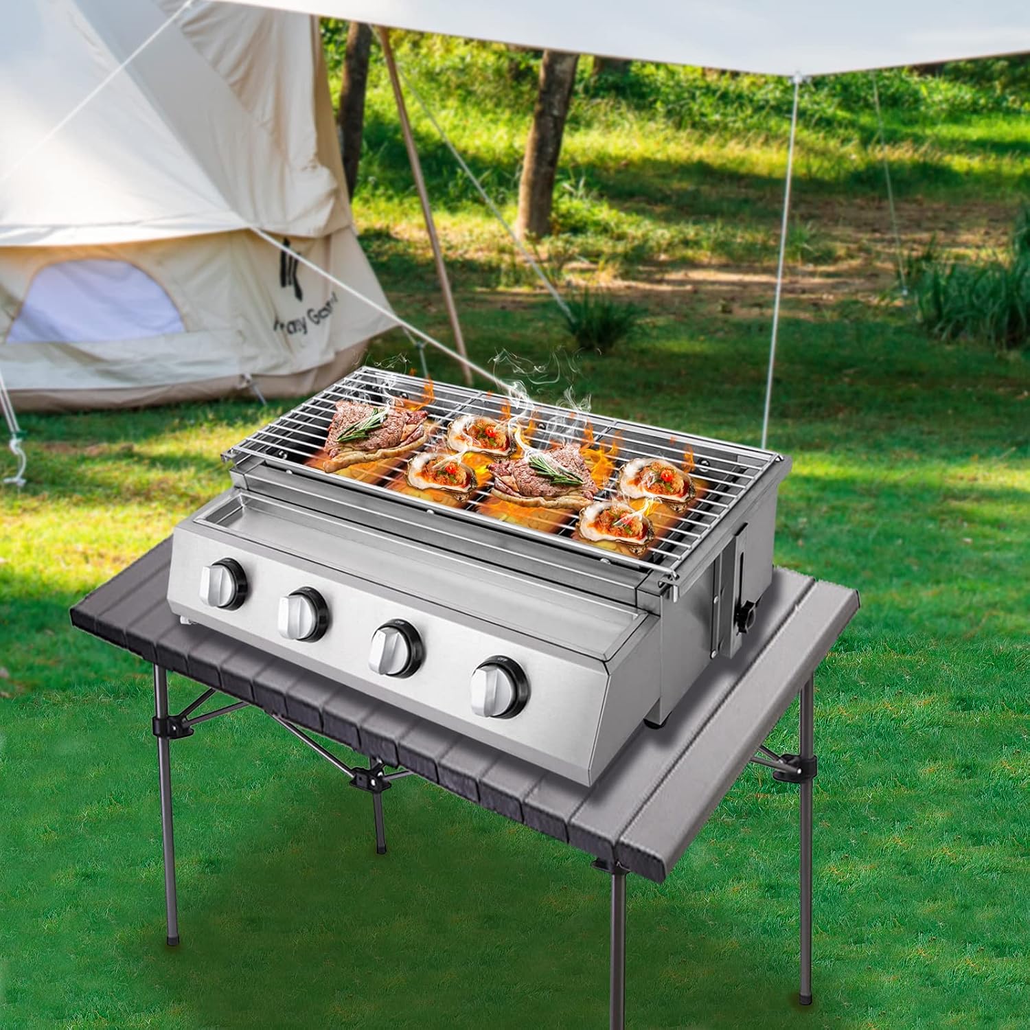 Gas BBQ Grill Stainless Steel Outdoor Camp Picnic Barbecue Shish Kabob 4 Burner Griddle Flat Top Grill Portable Barbecue Grill Countertop Smokeless Grill Non-Stick Cooking Removable Grill Baking