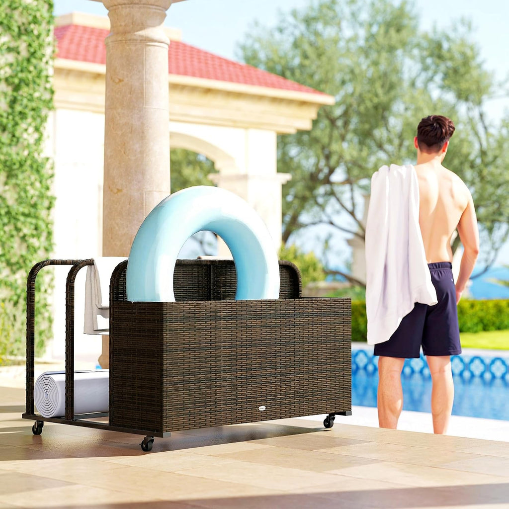 Outsunny Wicker Pool Float Storage Organizer, PE Rattan Outdoor Pool Float Holder with Rolling Wheels for Noodles, Life Vests, Beach Balls, Garden Furniture, Mixed Brown