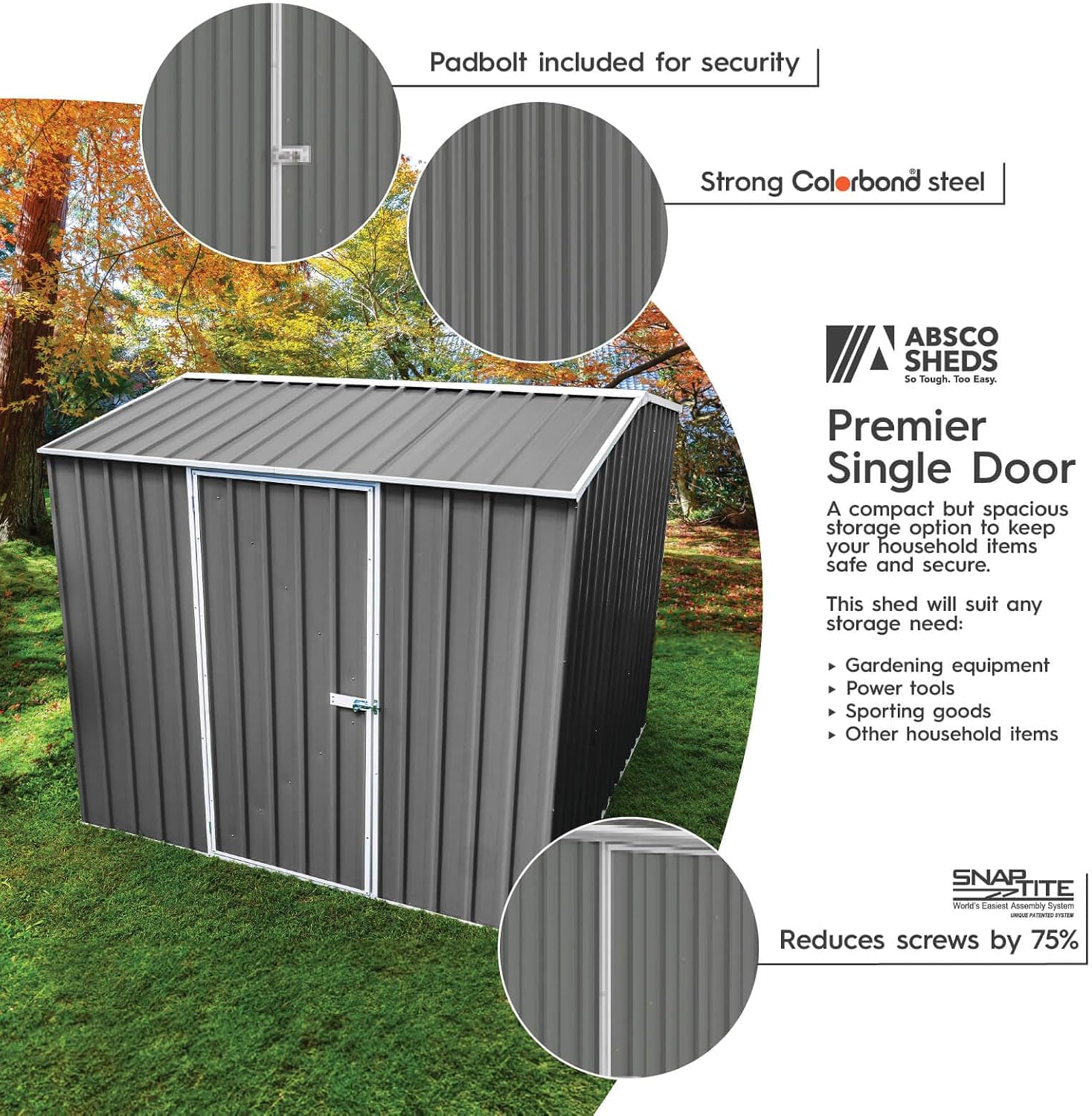 Absco Premier Storage Sheds, 7'x7' Metal Garage, DIY Backyard Shed, Utility Tool Storage, Weather & Wind Resistant Aluminum Panels & Steel Frame, Maintenance-Free, 12 Year Warranty, Woodland Gray