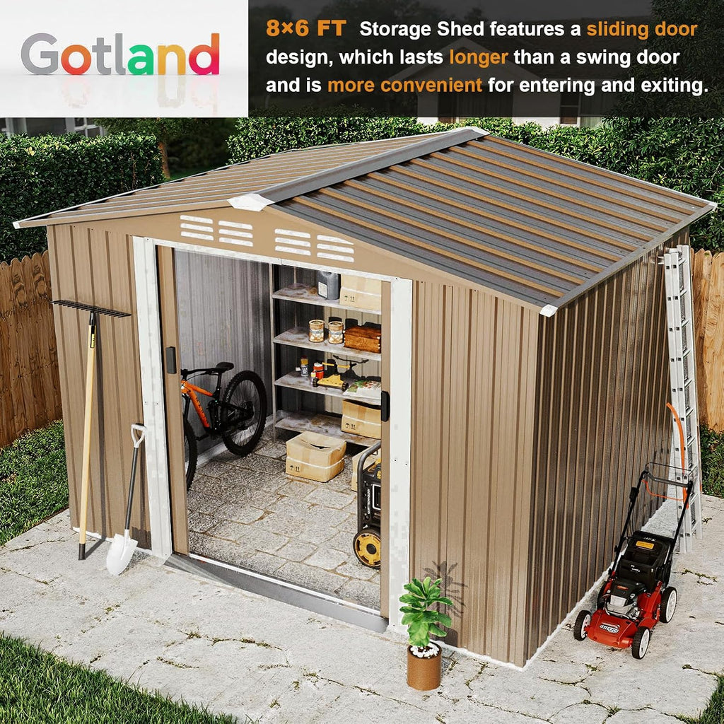 Gotland 8FT x 6FT Sheds & Outdoor Storage, Metal Shed with Sloped Steps Waterproof Sloped Roof, Storage Shed with 2 Lockable Slide Doors, Outdoor Shed for Backyard Patio Lawn Brown