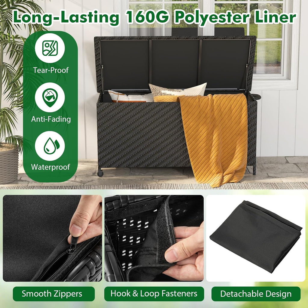 Tangkula Tightly-Woven Rattan Deck Box, Patiojoy Storage Cabinet Container with Polyester Liner, Universal Wheels & Gas Strut, 85 Gallon Indoor Outdoor Storage Box for Pillows, Cushions (Black)