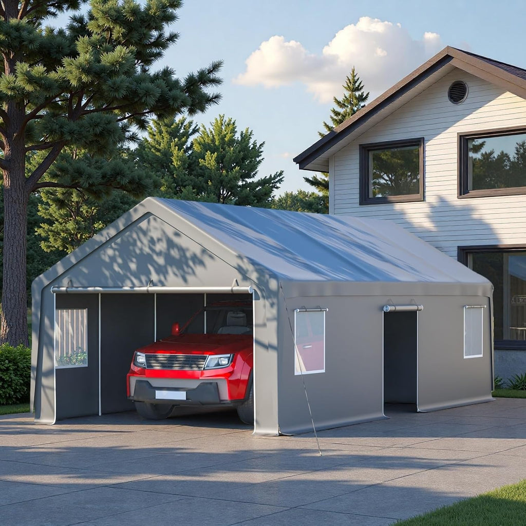 13x26 FT Heavy Duty Carport, Outdoor Storage Shed Tent with 2 Roll-Up Doors, 1 Side Door, Removable End Walls & Windows, All-Weather Portable Garage Shelter with 12-Leg Stability Frame, Grey