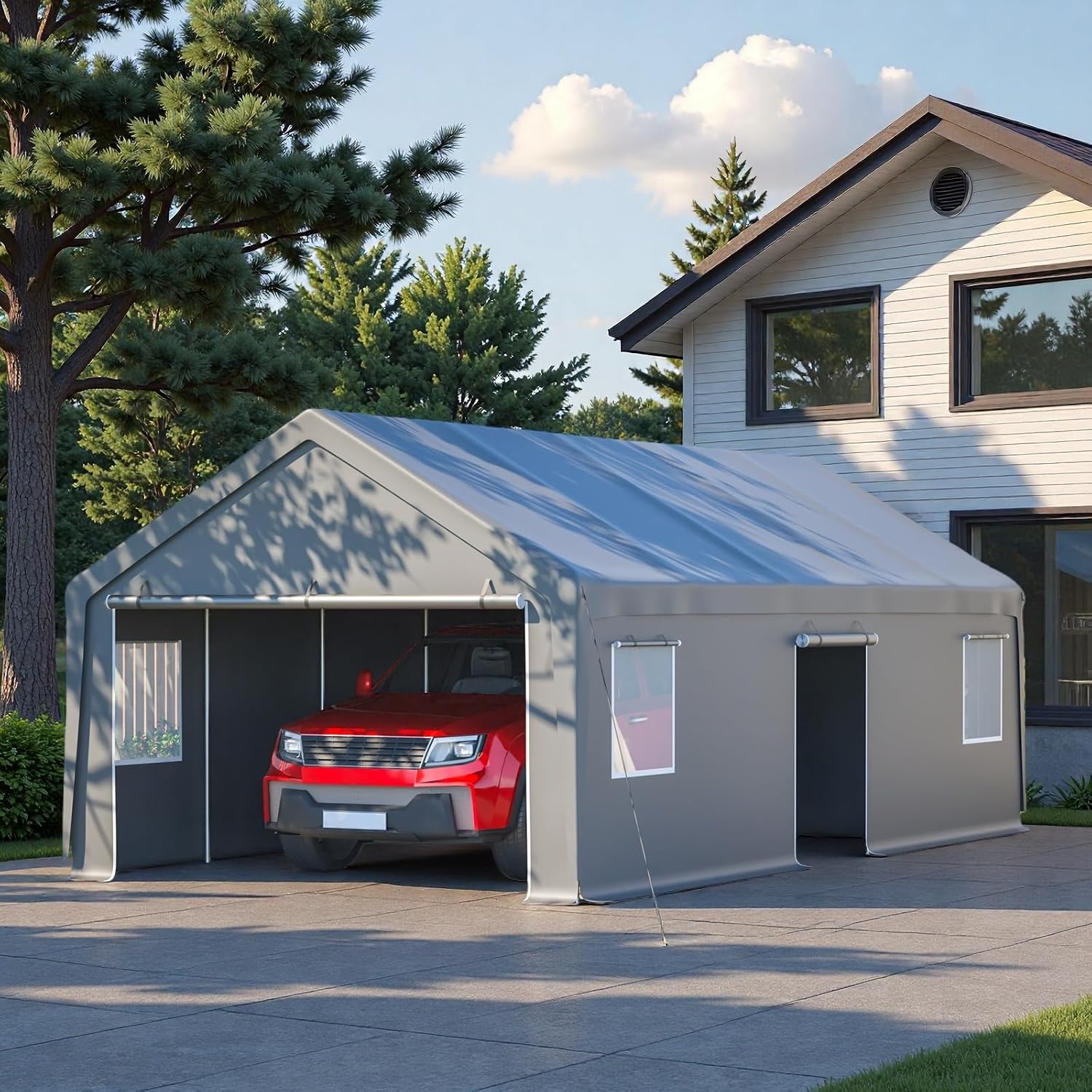 13x26 FT Heavy Duty Carport, Outdoor Storage Shed Tent with 2 Roll-Up Doors, 1 Side Door, Removable End Walls & Windows, All-Weather Portable Garage Shelter with 12-Leg Stability Frame, Grey