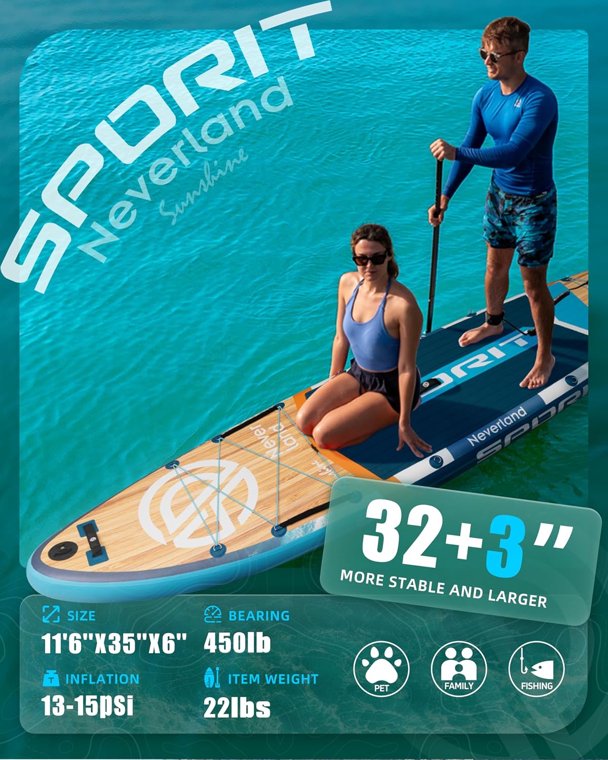11'6×35' Super Wide Inflatable Stand Up Paddle Board, Ultra Stable SUP Board for Adults, 450lb Capacity with Shoulder Strap, 100L Backpack, Removable US Fin, Floating Paddle, Safety Leash