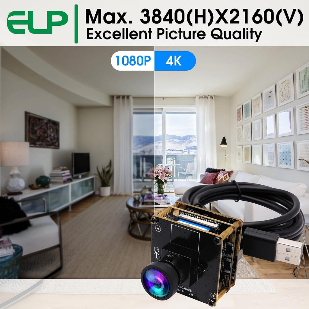 ELP 4K HDMI USB Camera - Wide Angle, 2X Digital Zoom, H.265, 8MP, UVC USB2.0 for Laptop & Monitor