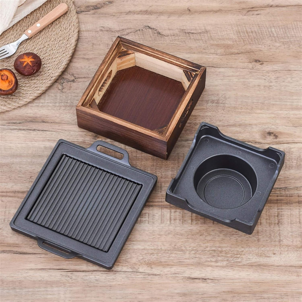 Grill for Outdoor Korean Japanese Tabletop BBQ Grill Portable Barbecue Stove Charcoal Grill with Wooden Base Household Non-stick Cooking Tools for Outdoor or Indoor Barbecue Grill ( Color : 18x18cm )