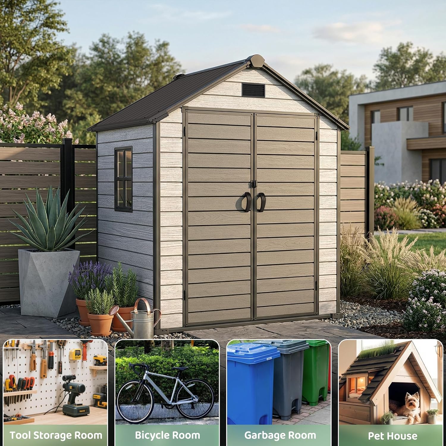 EHHLY Outdoor Storage Shed 6x4.4 FT, Resin Shed with Floor, Window & Vents, Waterproof Plastic Shed with Lockable Door for Backyard, Patio, Lawn, Gray