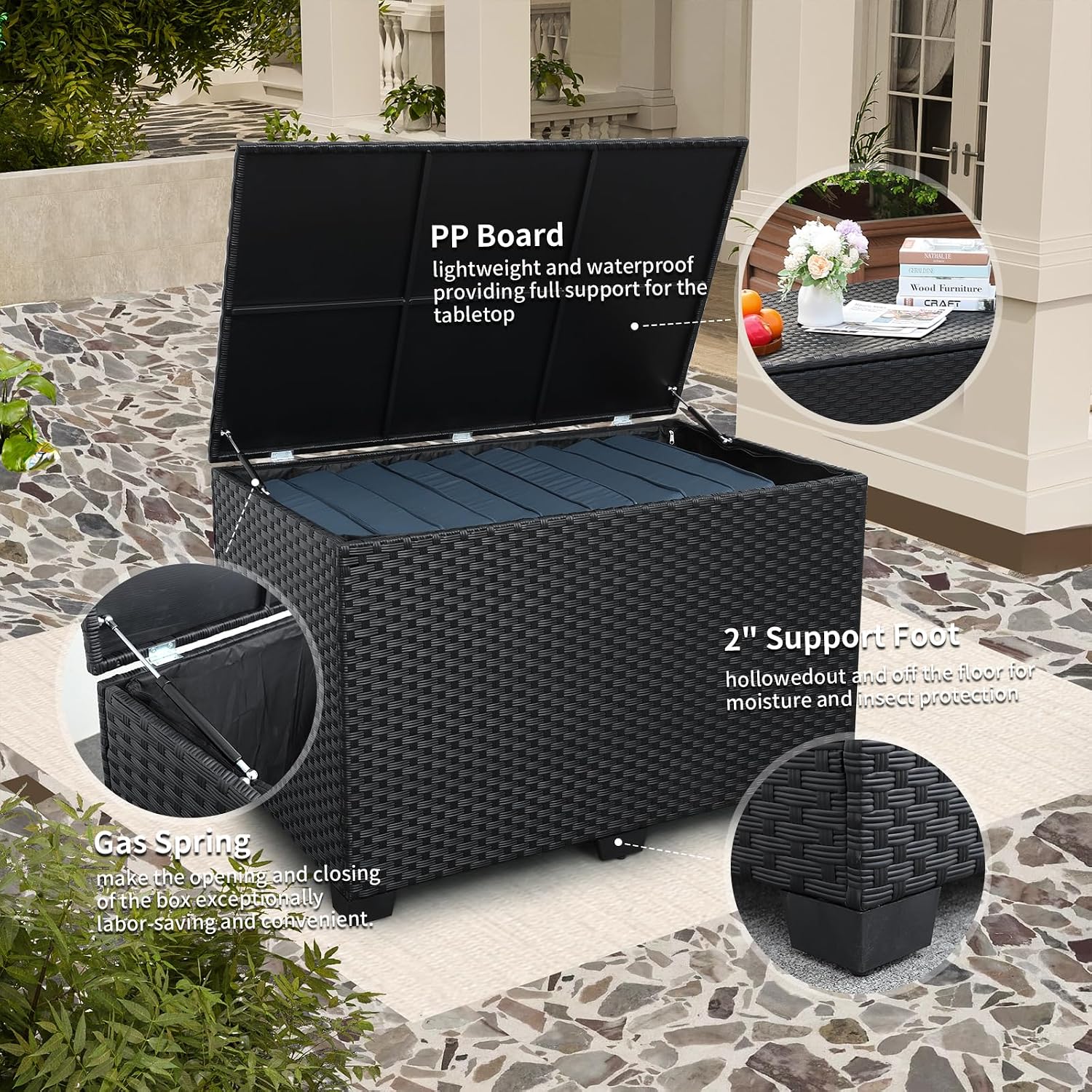 Rattaner Wicker Outdoor Storage Box 140 Gallon Patio Storage Bin with Waterproof Lining Bag Large Deck Box and Cushion Storage Bin Outdoor, Black Wicker