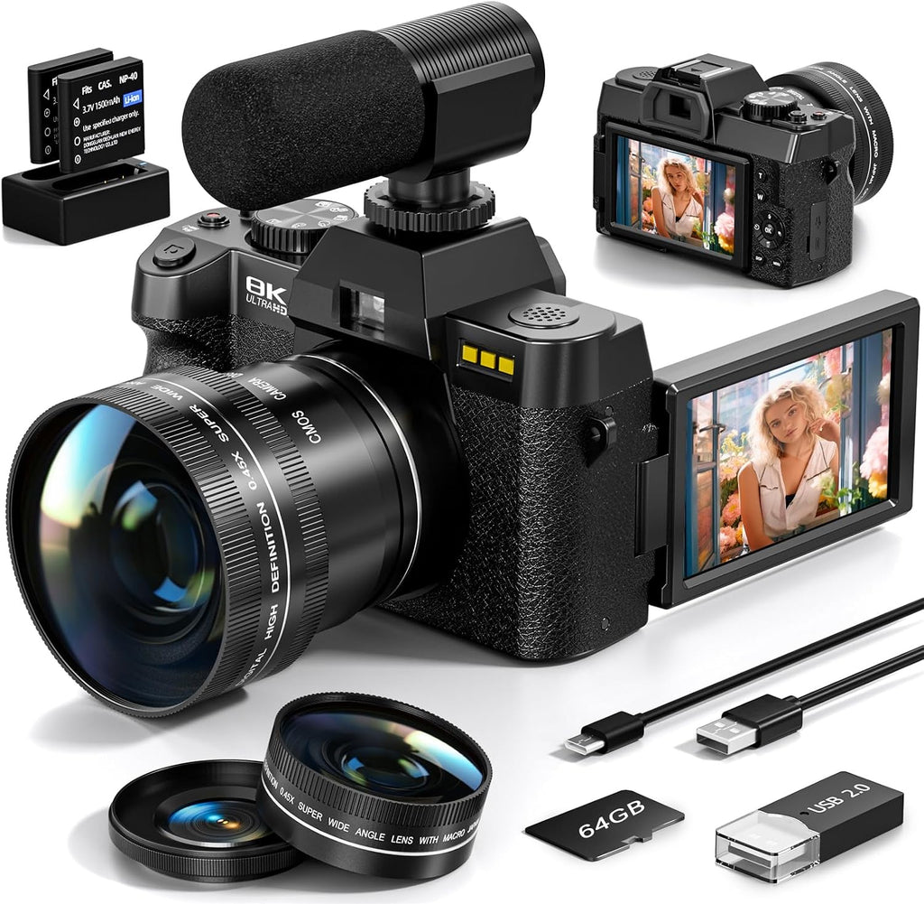 8K Digital Cameras for Photography, 64MP vlogging Camera with 180°Flip Screen，2 Batteries, 64GB TF Card，16X Zoom, WiFi,Microphone, Wide & Macro Lens Kit (Black)