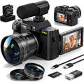 8K Digital Cameras for Photography, 64MP vlogging Camera with 180°Flip Screen，2 Batteries, 64GB TF Card，16X Zoom, WiFi,Microphone, Wide & Macro Lens Kit (Black)
