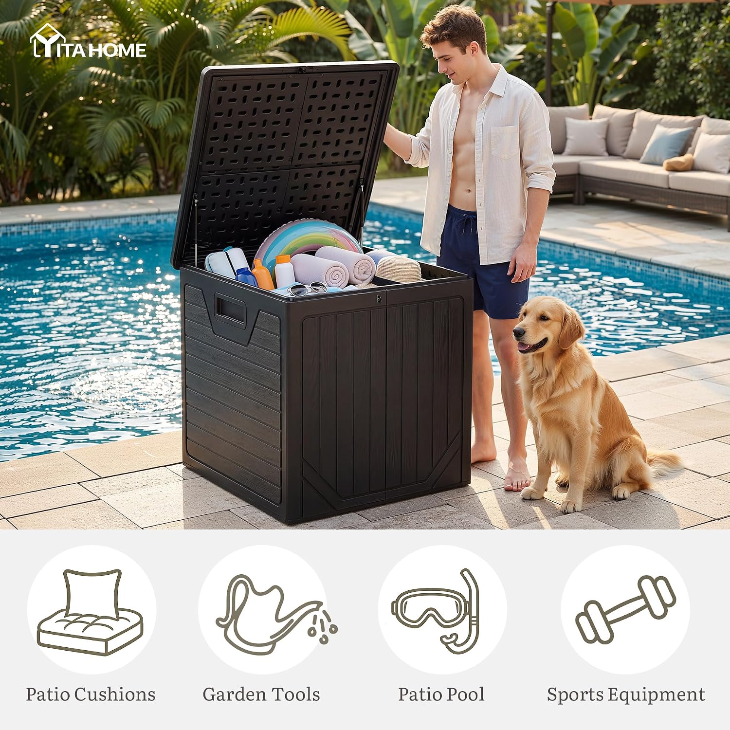 YITAHOME 150 Gallon Large Outdoor Deck Box, Lockable Resin Storage Box and Waterproof Patio Furniture Bin for Garden Tools & Pool Accessories, Black