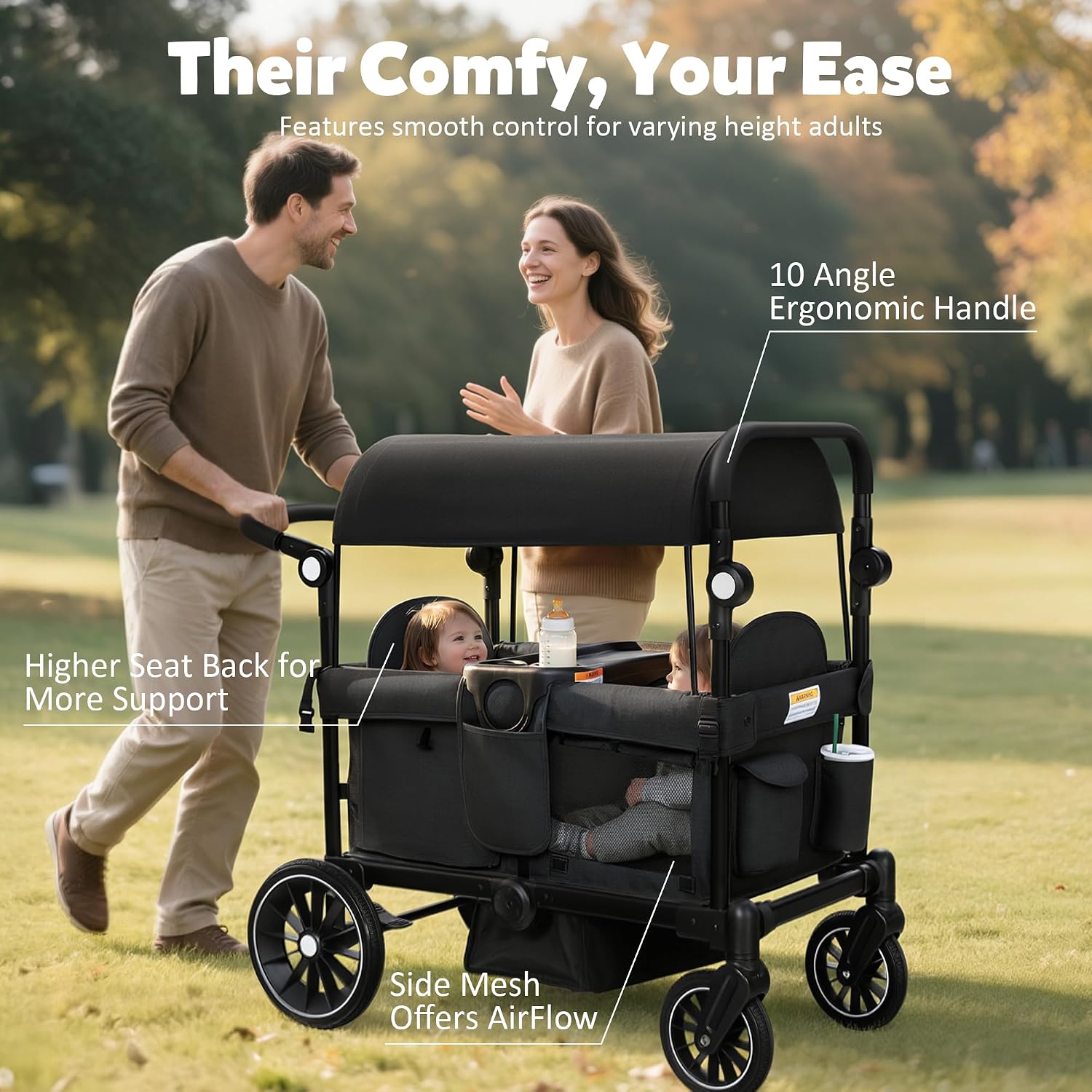 TODEFULL Wagon Stroller for 2 Kids, All-Terrain Stroller Wagon, Foldable Kids Wagon Cart Featuring with Harnesses, Adjustable Double Push Handle, Removable Canopy, Snack Tray, Large Storage Bag, Black
