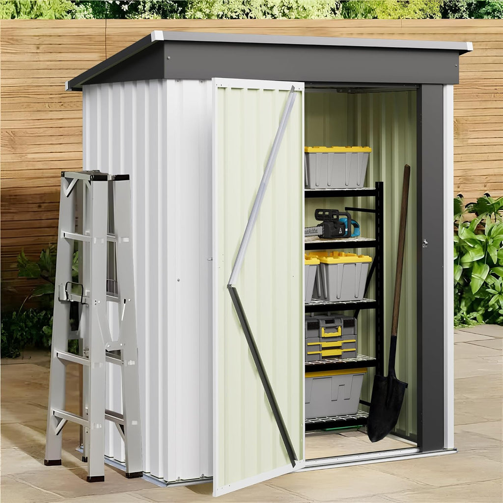 JUMMICO Metal Outdoor Storage Shed 5 x 3 FT Metal Shed with Lockable Door,Waterproof Garden Tool Shed Storage House for Backyard Patio Lawn,White