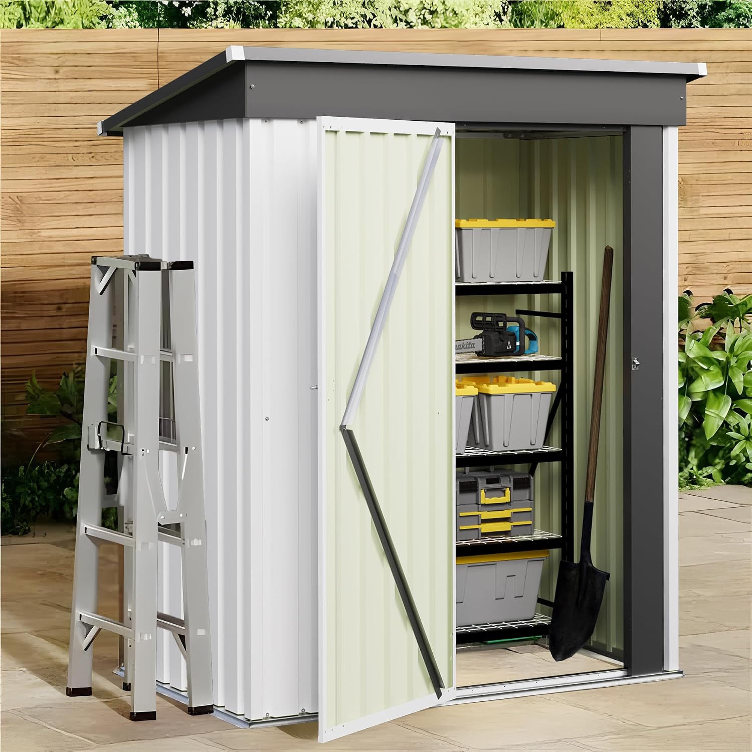 JUMMICO Metal Outdoor Storage Shed 5 x 3 FT Metal Shed with Lockable Door,Waterproof Garden Tool Shed Storage House for Backyard Patio Lawn,White