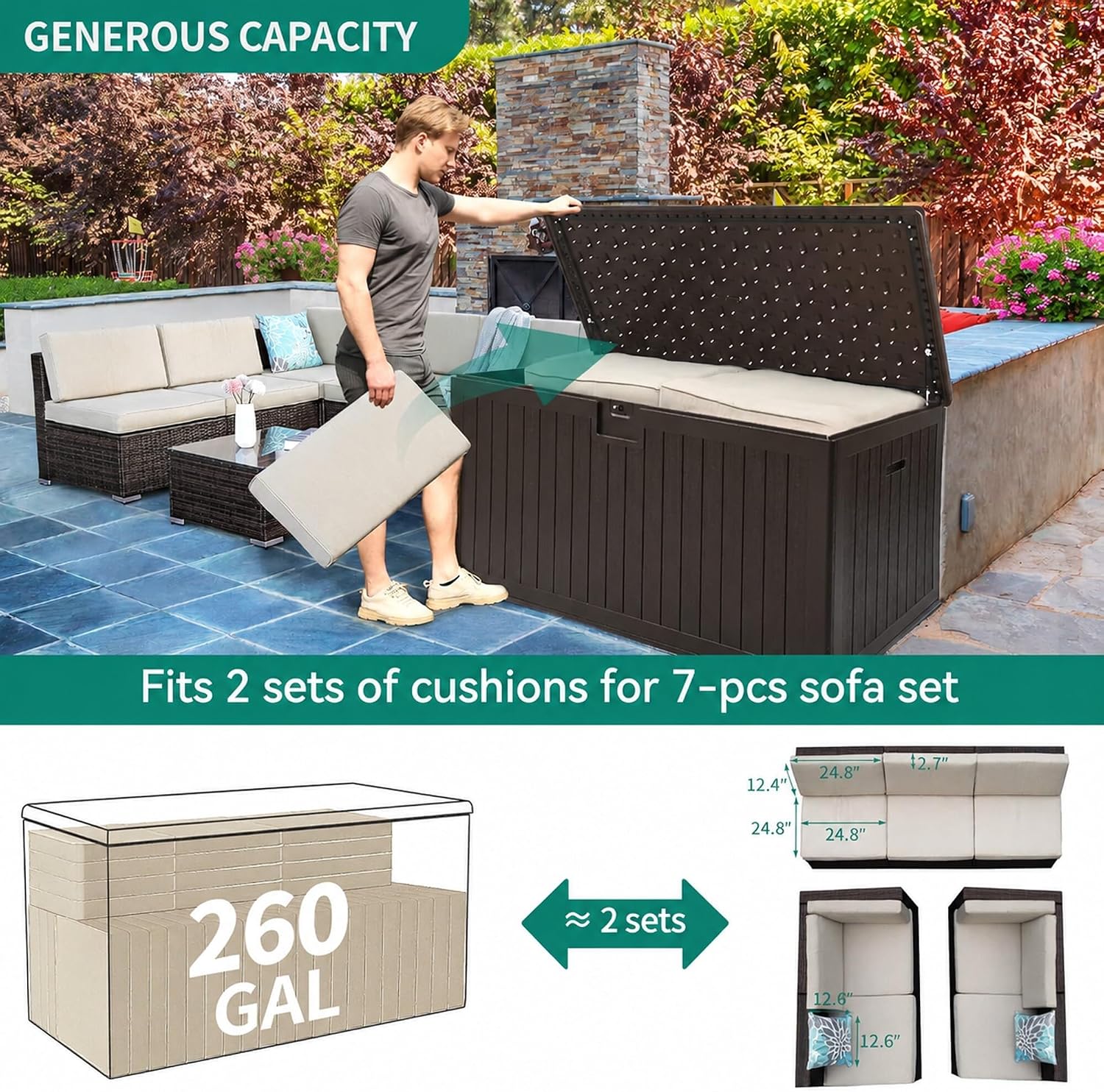 YITAHOME XXL 260 Gallon Large Deck Box,Outdoor Storage for Patio Furniture Cushions,Garden Tools with Flexible Divider,Waterproof,Lockable (Brown)