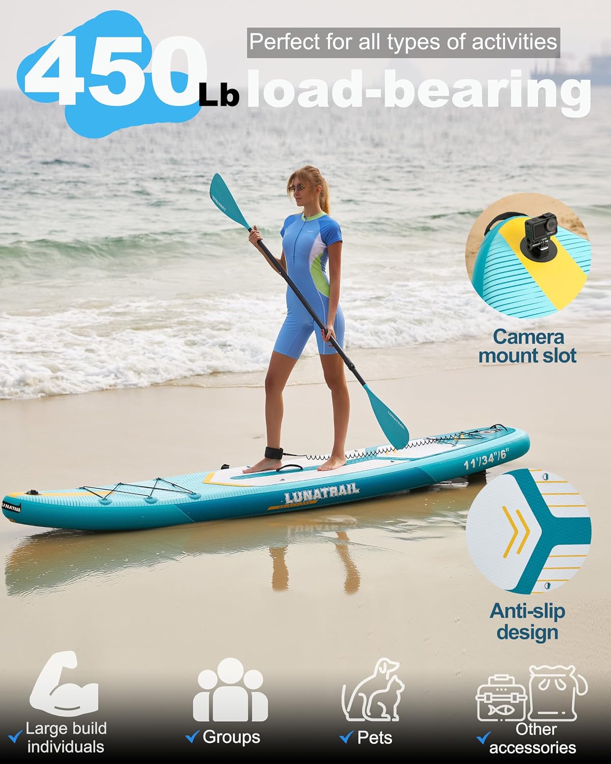 【11'×34'】 Extra Long/Extra Wide Premium Inflatable Stand Up Paddle Board (SUP) – Portable & Lightweight for Yoga, Surfing, Family Fun | Complete Kit with Paddle, Pump, Bag | Durable Design