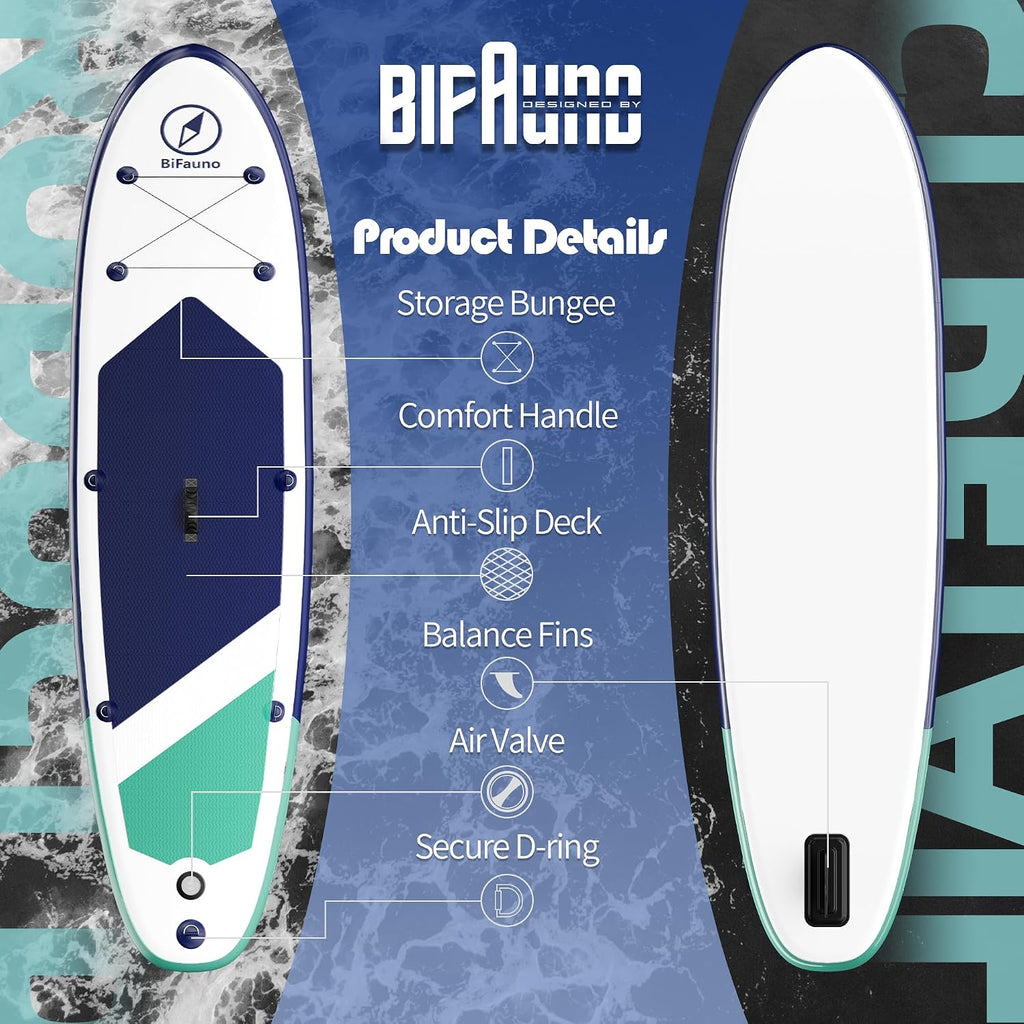 Bifanuo Inflatable Stand Up Paddle Board with SUP Accessories & Backpack. Paddle Boards for Adults. Non-Slip Deck, Wide Stance, Bottom Fin, Double Action Pump.