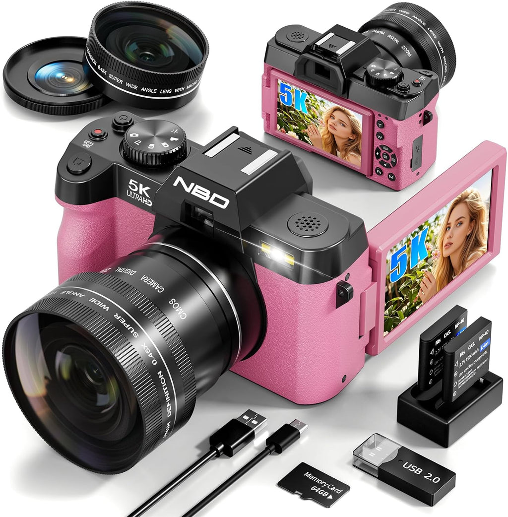 True 5K Digital Cameras for Photography 64MP - 16X Zoom, WiFi, with 64GB TF Card, Wide-Angle & Macro Lens, Autofocus & Anti-Shake, Vlogging Camera for YouTube Travel (Pink)