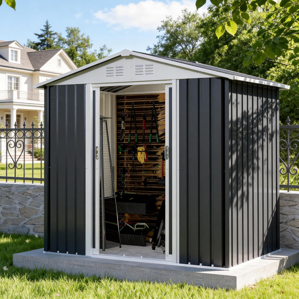 Outdoor Sheds 6FT x 4FT Outdoor Storage, Metal Anti-Corrosion Utility Tool House with Lockable Door & Shutter Vents，Outdoor Waterproof Garden Tool Metal Storage Sheds