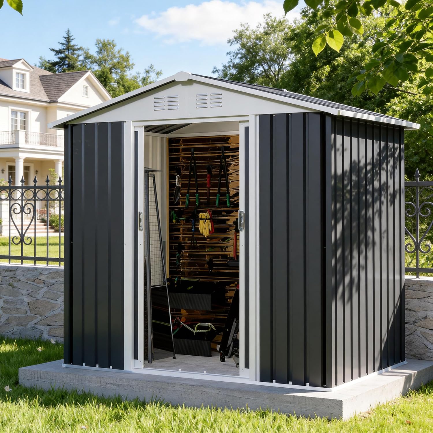 Outdoor Sheds 6FT x 4FT Outdoor Storage, Metal Anti-Corrosion Utility Tool House with Lockable Door & Shutter Vents，Outdoor Waterproof Garden Tool Metal Storage Sheds