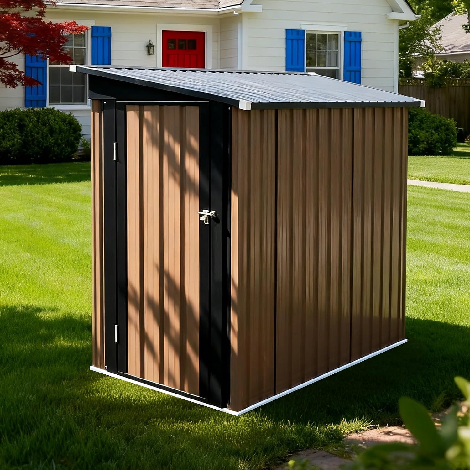 YOPTO 4.27x2.42 FT Outdoor Storage Shed, Metal Garden Tool Shed with Sloped Roof & Hinge Door for Backyard,Patio Lawn,Black+Brown
