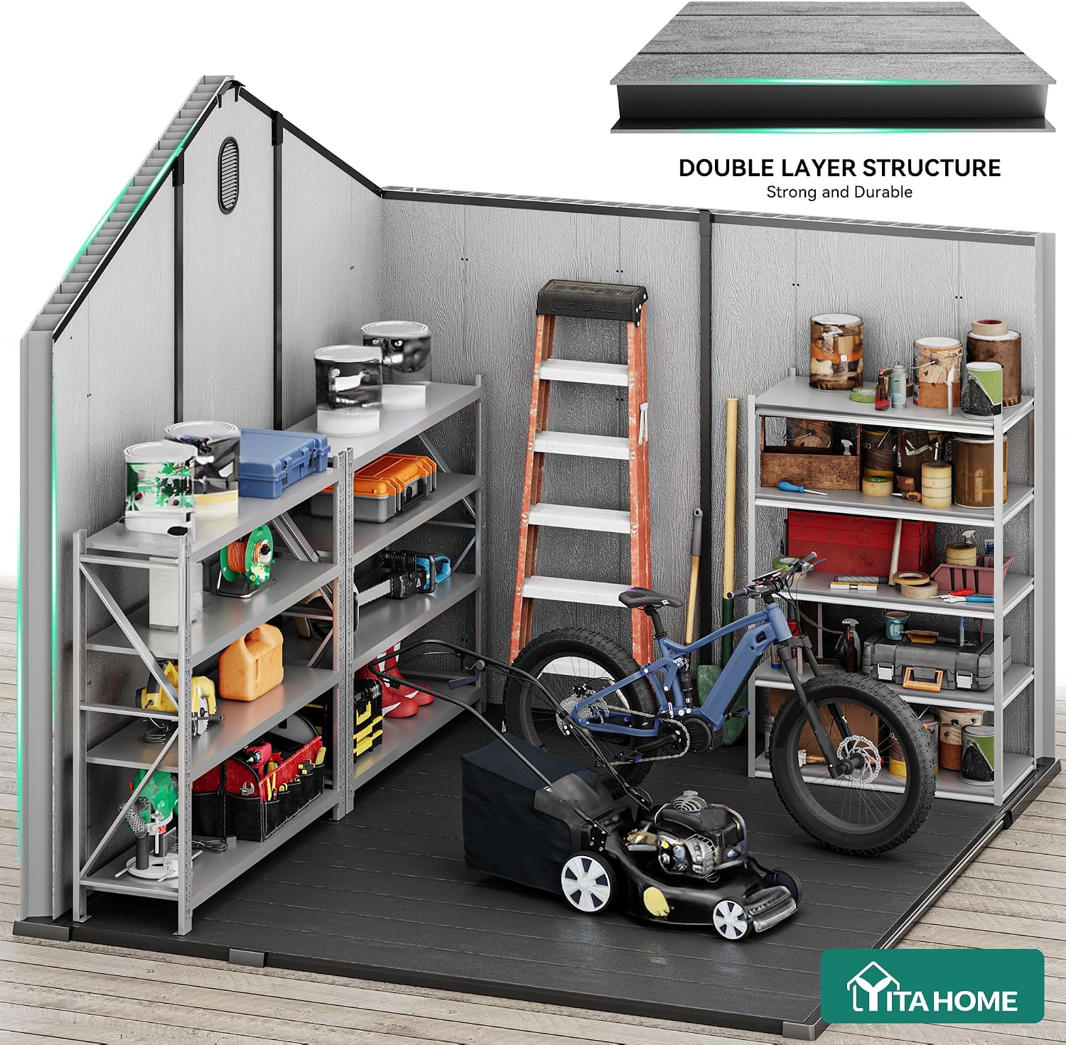 YITAHOME 8x8ft Outdoor Plastic Storage Shed with Floor, Extra Thick Waterproof Garden Shed with Lockable Door, Oval Vision Windows &Vents, 16mm Heavy Duty Tool Storage for Patio, Lawn, Bikes, Gray