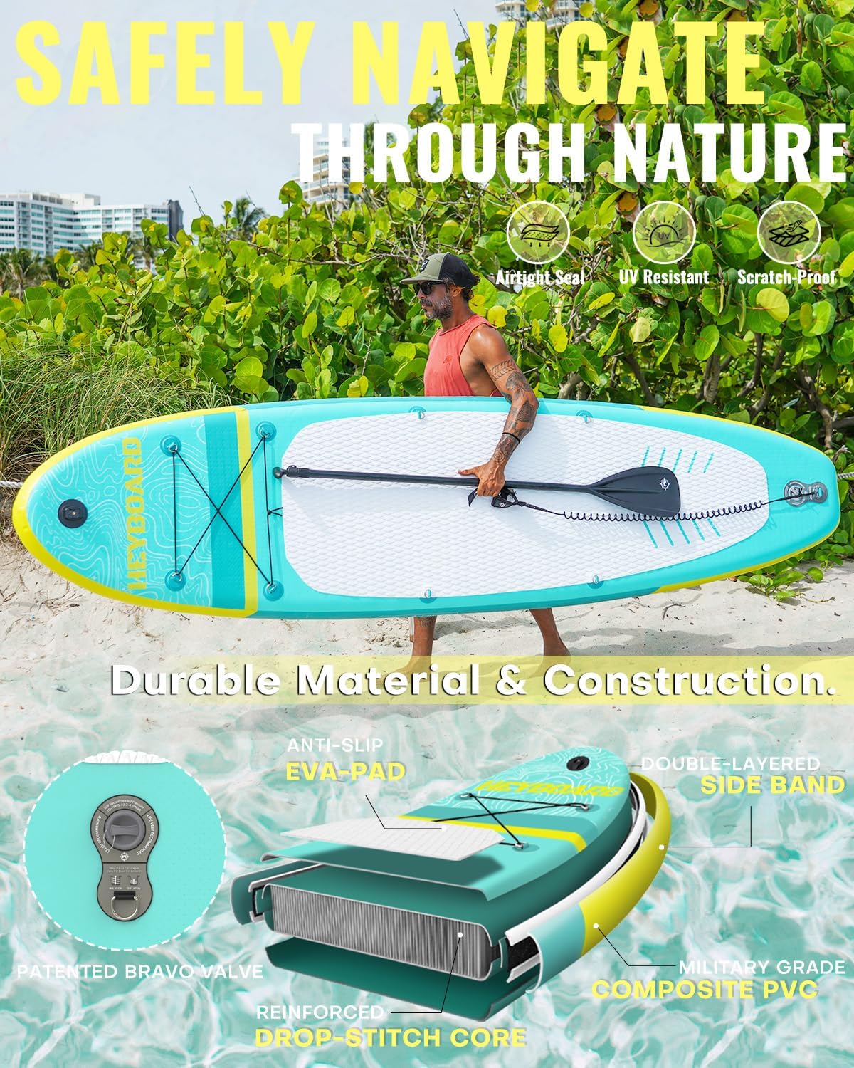 HEYBOARD Inflatable Stand Up Paddle Board 10'6'×32'×6' Standup Paddleboard with Premium SUP Accessories & Backpack, Non-Slip Deck, Waterproof Bag, Leash, Paddle, Hand Pump