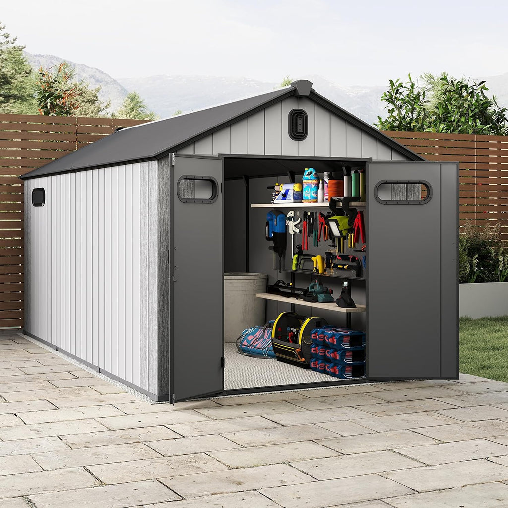 Domi 8x16Ft Resin Outdoor Storage Shed, Plastic Garden Shed with Carpet, Outside Weatherproof Storage Building for Tools, Bike, Lawn Mower, Patio, Backyard