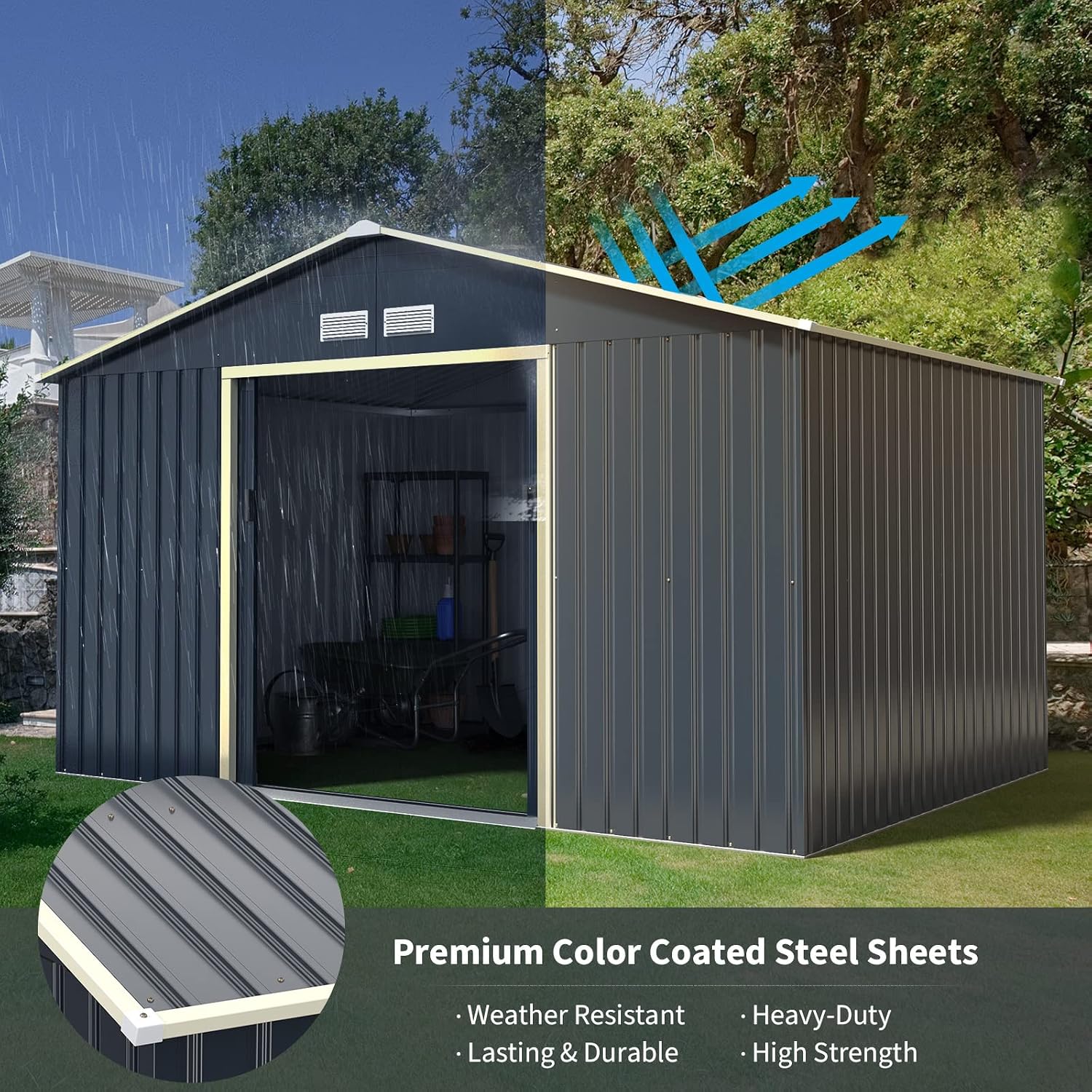 Goplus Storage Shed, Metal 11' X 8' Outdoor Building Organizer with 4 Vents & Double Sliding Door for Garden Backyard Farm (11'X8')