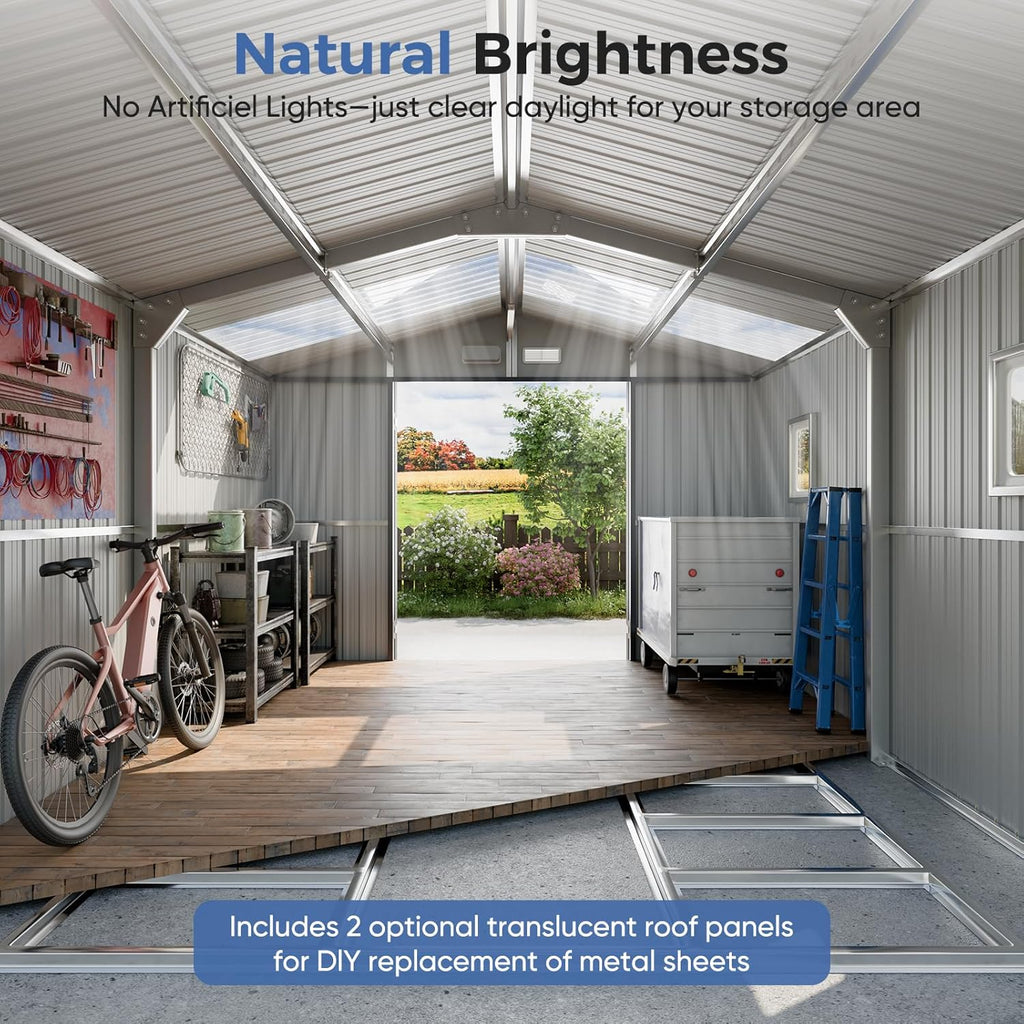 K Knowbody 10x12 FT Metal Shed with Floor Kit, 20-Gauge Reinforced Frame with Powder Coating, 50 PSF Snow Load & 120 MPH Wind Rated, Large Outdoor Storage Building with Skylight for Garden & Bike