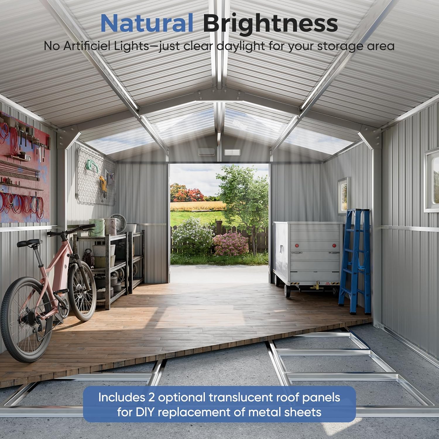 K Knowbody 10x12 FT Metal Shed with Floor Kit, 20-Gauge Reinforced Frame with Powder Coating, 50 PSF Snow Load & 120 MPH Wind Rated, Large Outdoor Storage Building with Skylight for Garden & Bike