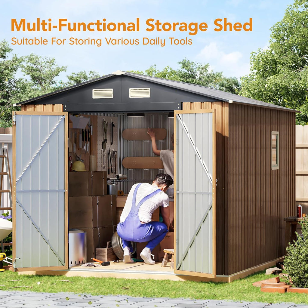 10X8 FT Garden Storage Shed with Lockable Door,Steel Tool Shed with 1 Clear Window, Anti-Corrosion Metal Shed for Backyard Patio Lawn (Wood Panels & Frame Floor Not Included)