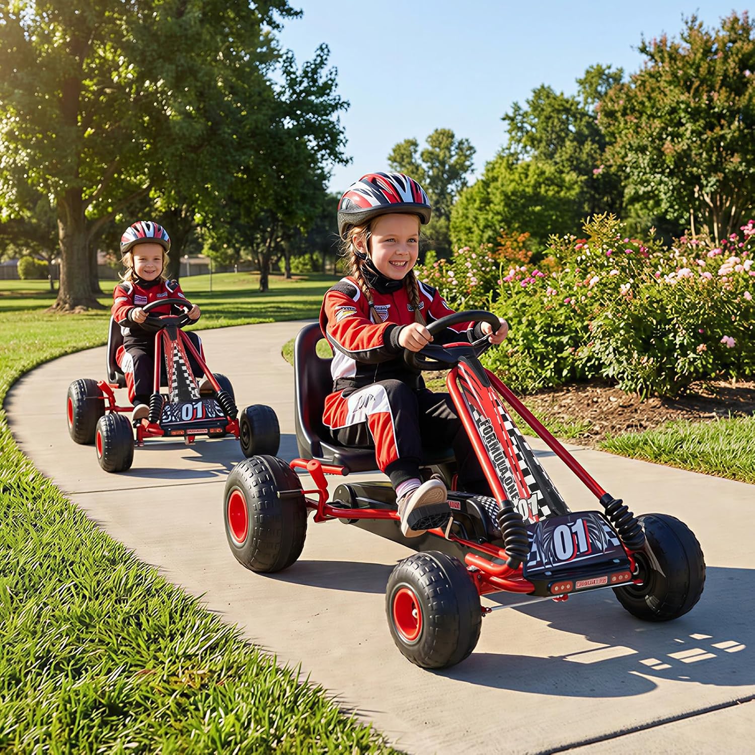 HONEY JOY Pedal Go Kart, 4 Wheeler Toddler Racing Ride On Pedal Car Toy, Forward/Backward, Ergonomic Seat, Handbrake, Steering Wheel, Outdoor Off-Road Go Cart for Kids, Boys Girls Gift (Red)