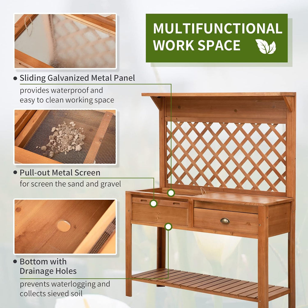 Outsunny Garden Potting Bench, Outdoor Wooden Workstation Table w/Metal Screen, Drawer, Hooks, Storage Shelf, and Lattice Back for Patio, Backyard and Porch, Natural