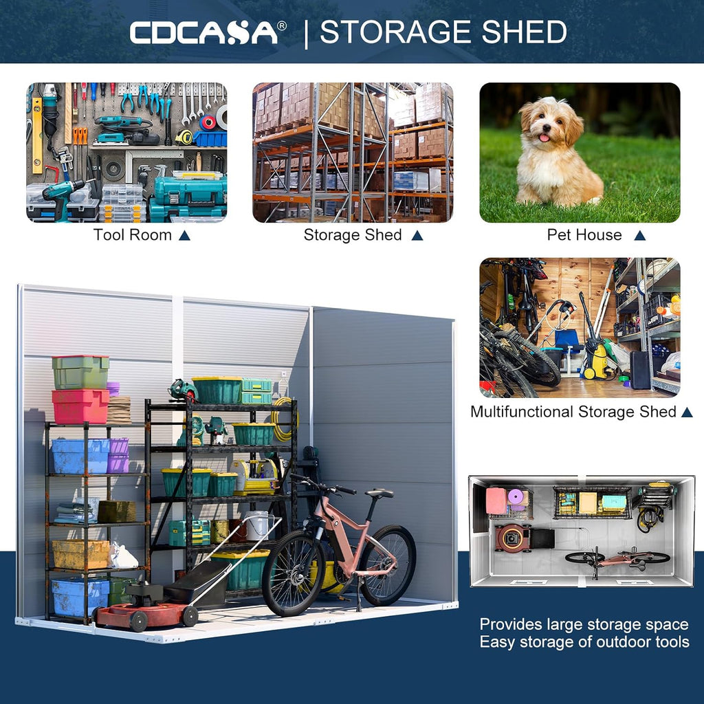 CDCASA 4x8 FT Resin Lean to Shed, Waterproof Outdoor Storage Sheds with Floor & Lockable Door & 2 Windows, Vent, Outside Plastic Tool Shed for Backyard Patio Poolside Lawn, Gray