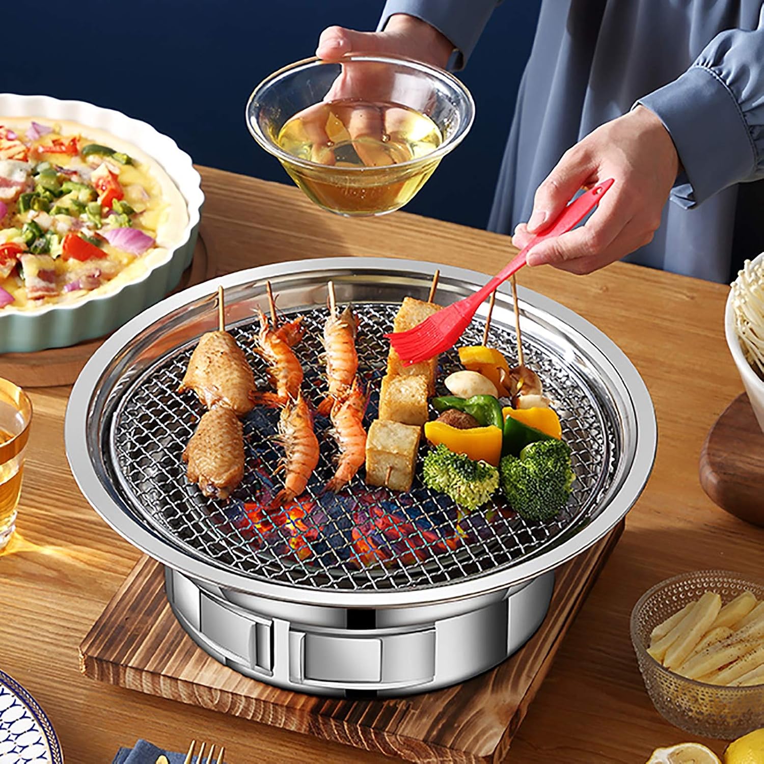 BBQ Barbeque Barbecue Grill, Charcoal Grill, Round Korean BBQ, Household Smokeless Skewers, 6-8 People, 40cm13.5cm (Color : A, Size : 40cm13.5cm)