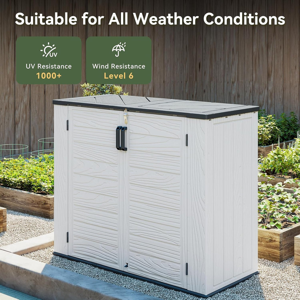 AOXUN Horizontal Storage Sheds 41 Cu.ft, HDPE Outdoor Storage Box 160 Gallon, Waterproof Lockable Resin Deck Box with Spring-Assisted Lid, Patio Storage for Garden, Pool, Cushions, Tools, White
