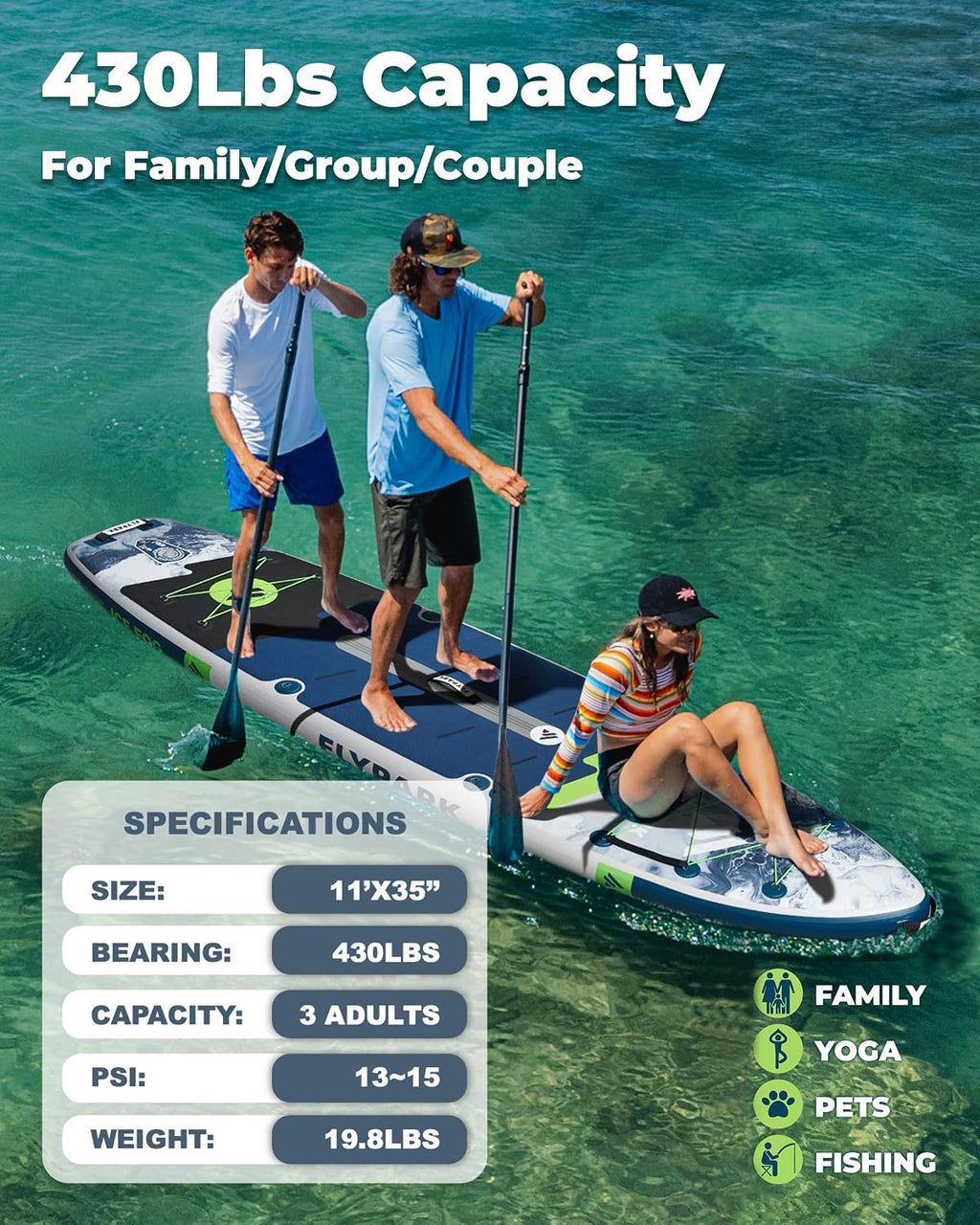 Flypark 10'8/11'x35'' Fishing&Family Stable Inflatable Paddle Boards, Extra Wide SUP Paddleboard Inflatable, 430lb/3 People, Stand Up Paddle Board for Adults, Camera Mount, Shoulder Strap, Rod Holder