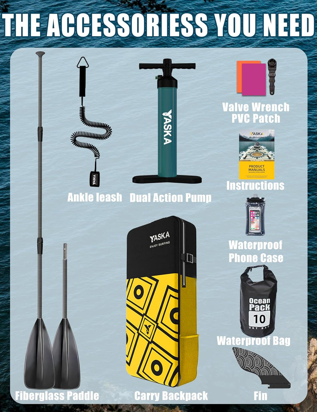 YASKA Inflatable Stand up Paddle Board 11ft with Premium SUP Accessories,Extra Wide Design Non-Slip Paddleboard for Beginner Adults Advenor Yoga Fishing