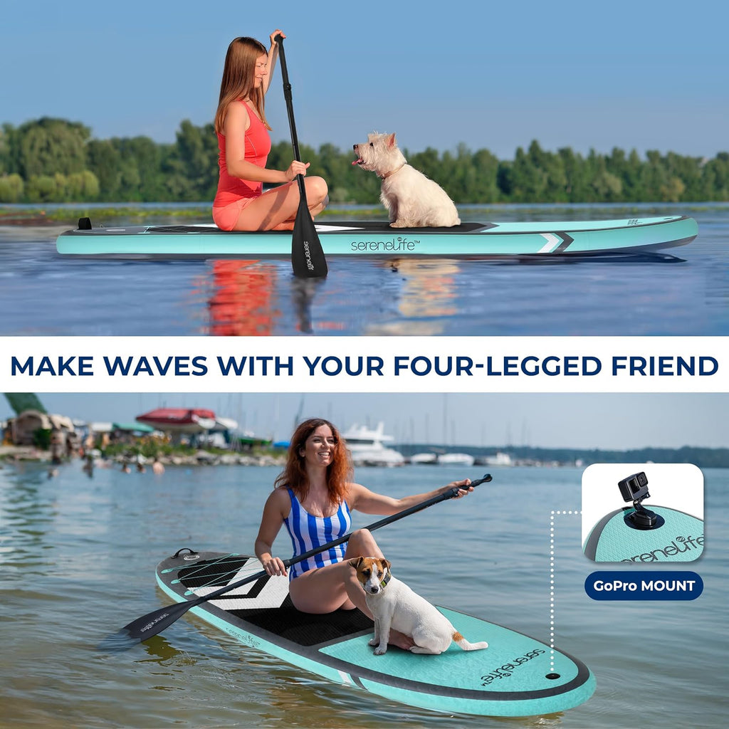 SereneLife XL Inflatable Stand Up Paddle Board – Extra-Wide, Pet & Family-Friendly SUP for Adults, Kids & Pets – Non-Slip Deck, Lightweight Stable Design, Premium Accessories - 440 lbs Capacity