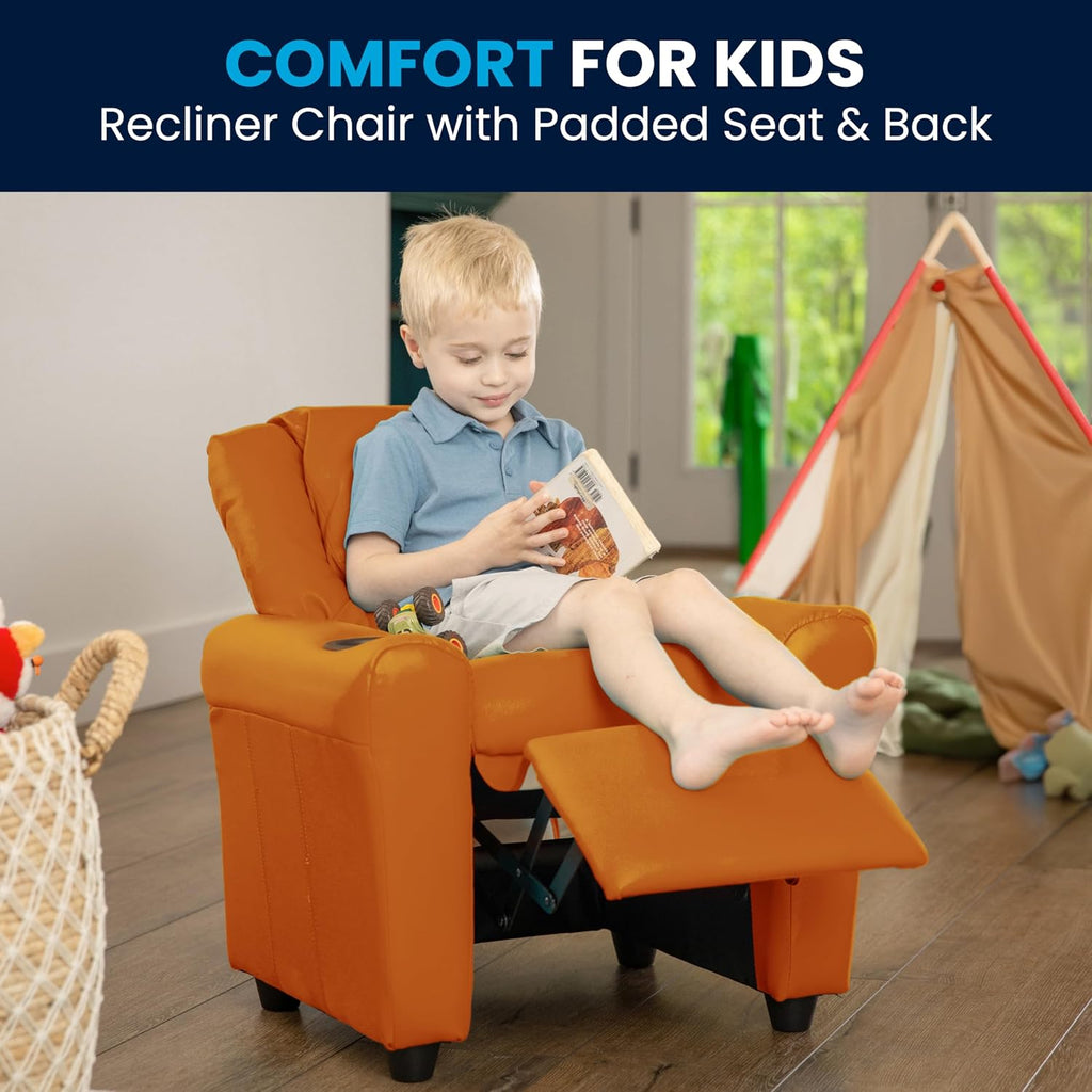 Flash Furniture Vana Vinyl Kids Recliner with Cup Holder, Headrest, and Safety Recline, Contemporary Reclining Chair for Kids, Supports up to 90 lbs., Orange