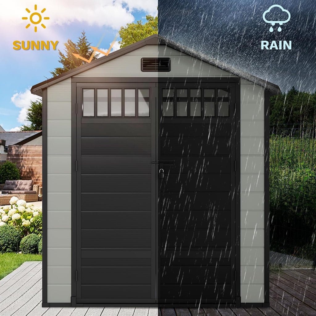 DWVO 6x4.4 FT Resin Storage Shed with Fence-Style and Side Windows, Lockable Door, and Vents Outdoor Storage Shed for Garden, Backyard, Patio, Lawn